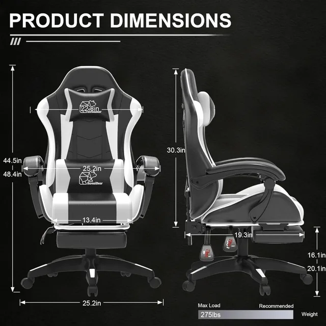 Computer Gaming Chair, Ergonomic Gaming Chair, Leather Office Chairs with Foot Rest, Back Recliner Height Adjustable White+Black