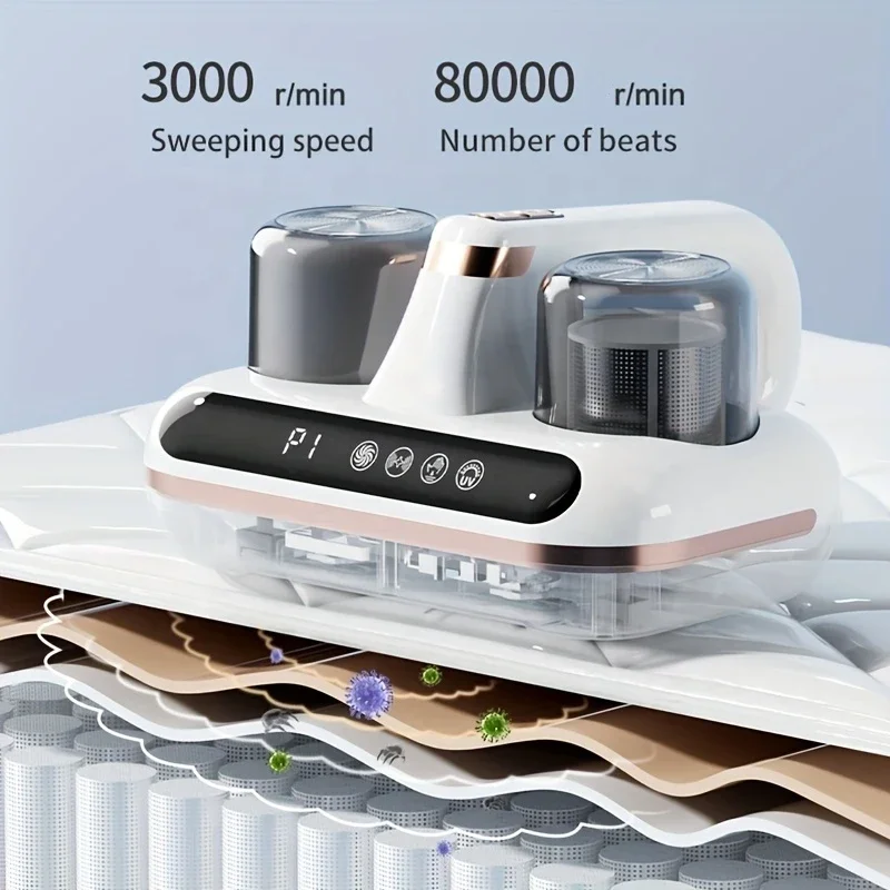 Mattress Vacuum Cleaner Double-Cup Handheld Bed Vacuum Cleaner Anti-allergen with UV & Ultrasonic LED Display 8000pa Suction