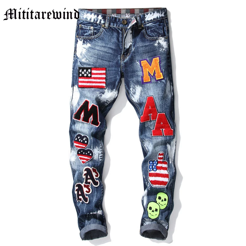 

Men Pants Blue Badge Slim Y2k Jeans Punk Style Hip Hop Distressed Wash Denim Casual High Street Design Trousers For Men