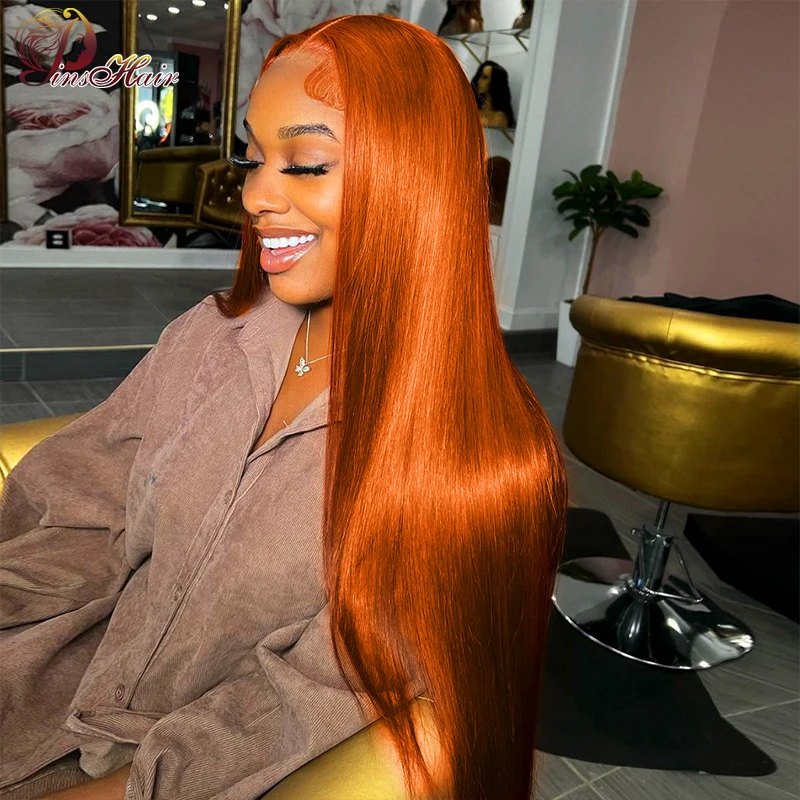 

Orange Ginger Straight Lace Front Human Hair Wigs Pre Plucked 13x4 Transparent Lace Frontal Wig Brown Blonde Remy Human Hair 180