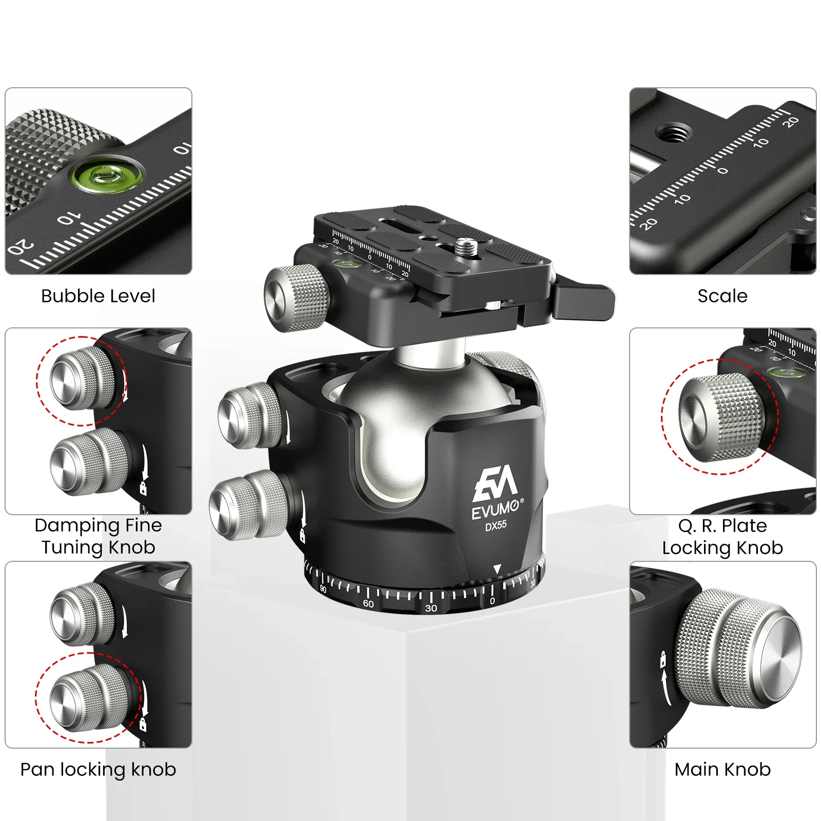 EVUMO DX55-P tripod ball head camera panoramic head aluminum panoramic 55mm ball for tripod monopod load 40kg Picatinny/Arca Swiss Mount