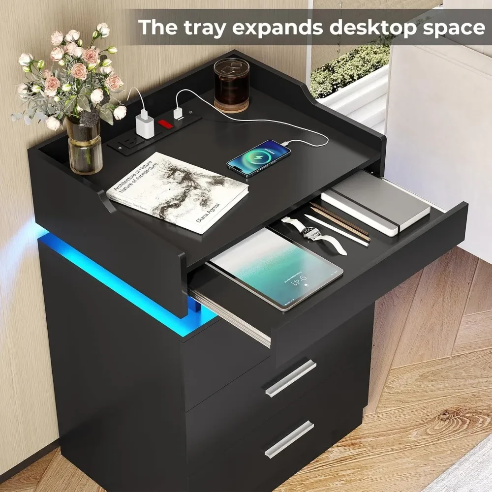 LED Nightstand, Large Night Stand with Charging Station, Bedside Table with Pull-Out Shelf and 3 Drawers, Modern Style