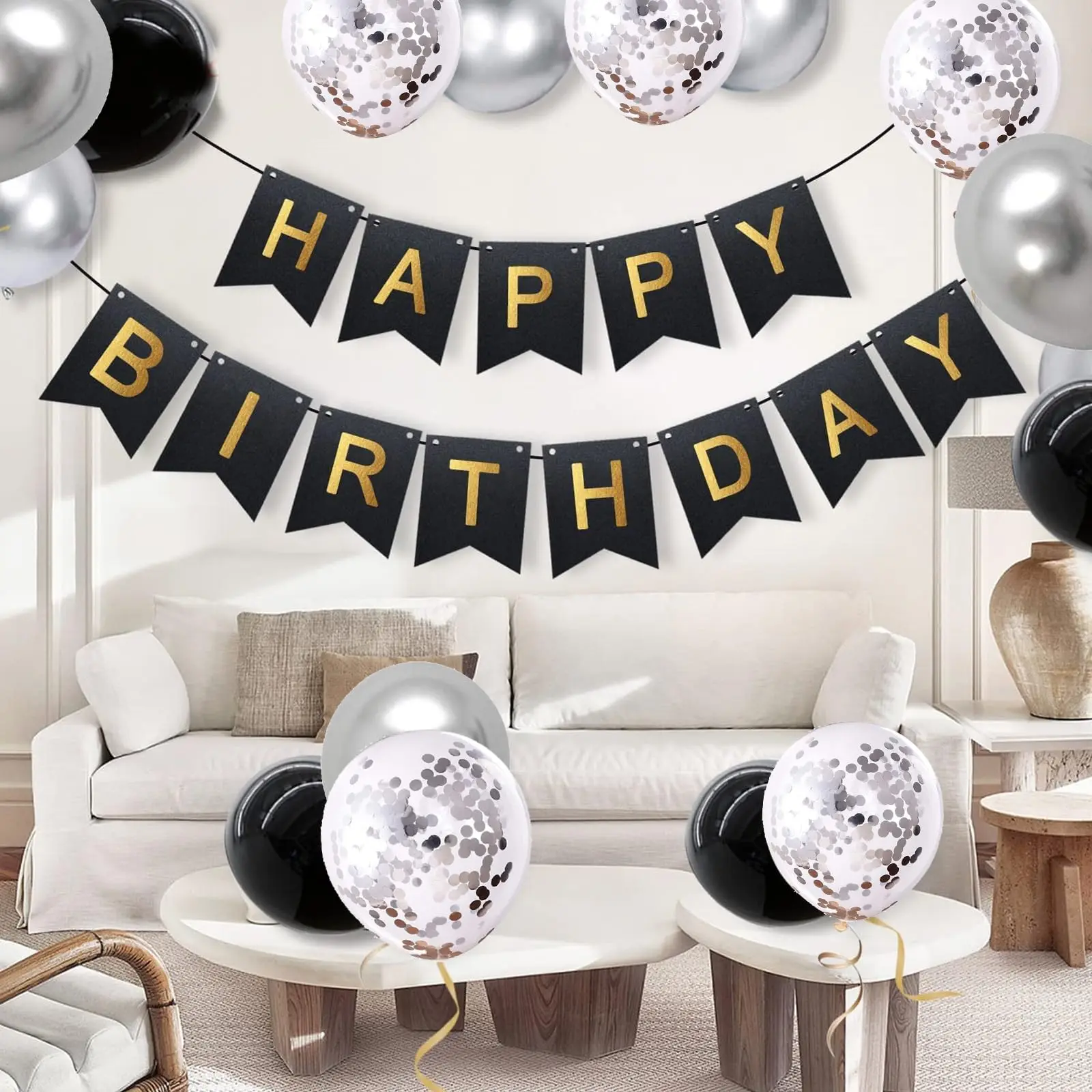 Happy Birthday Banner, Black and silver Party Decorations Happy Birthday Bunting Banners, 12 inch Happy Birthday Balloons Perfec