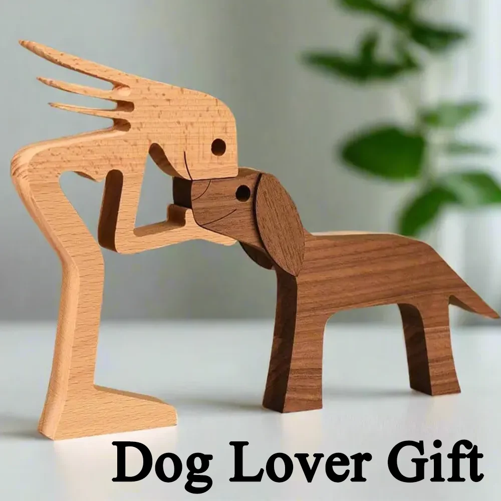 Kreative Frau und Hund Holzskulptur Familienstatue Home Room Decor Menschlicher Hund Holzkunst Figur Ornament Dekor Hundeliebhaber Geschenk