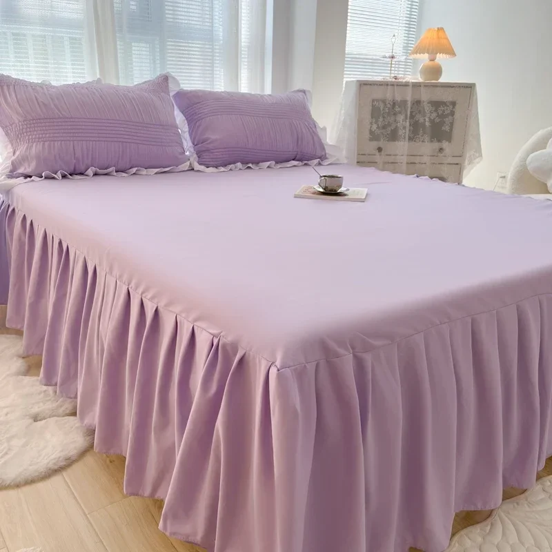 1pc Solid Color Bed Skirt wtih Lace All Around All-seasons Bed Cover with Ruffles Queen/King roupa de cama(Without Pillowcase)