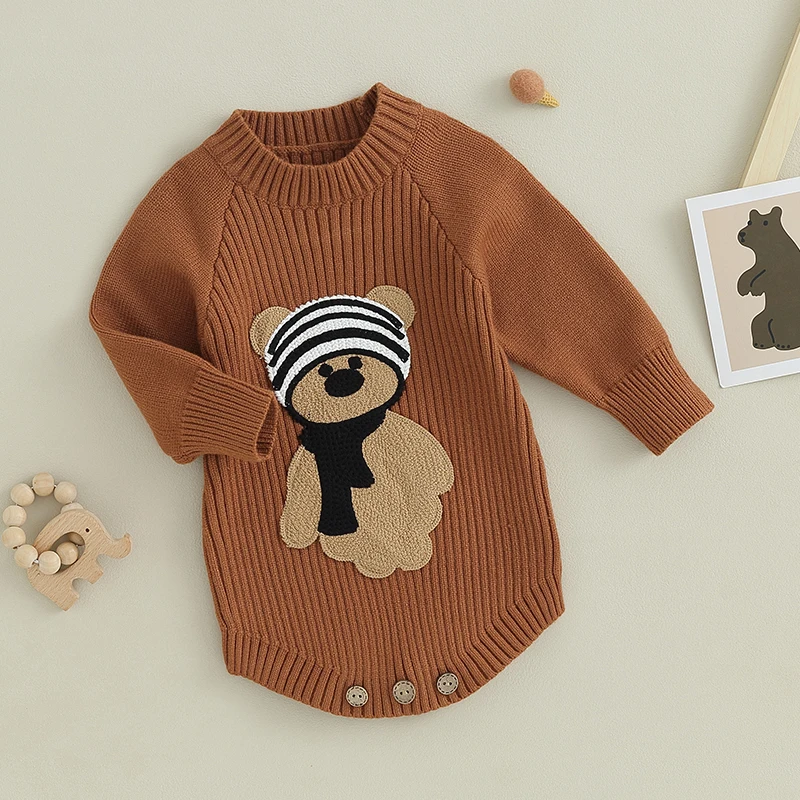 EWODOS Toddler Baby Boys Girls Knitted Bodysuits/Tops Long Sleeve Cartoon Bear Embroidery Knit Sweaters Infant Fall Outfits