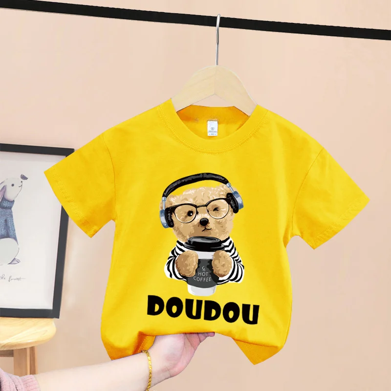 thumbnail image 1 of Camiseta de verano 100 % algodón para adolescentes, camiseta para niños con estampado sencillo de oso de dibujos animados, cuello redondo, cómoda camiseta de manga corta para niños y niñas, 1 of 4