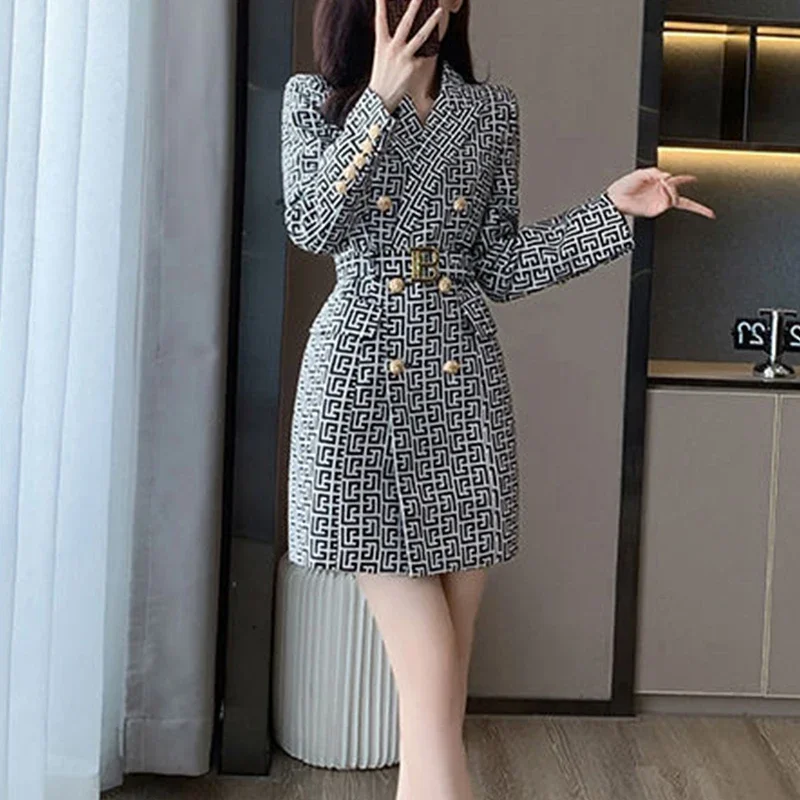 Spring Autumn Y2K Double Breasted Sexy Fashion Print Blazer Dress Women Waist Mini Vestidos De Fiesta Long Sleeve Female Clothes 4