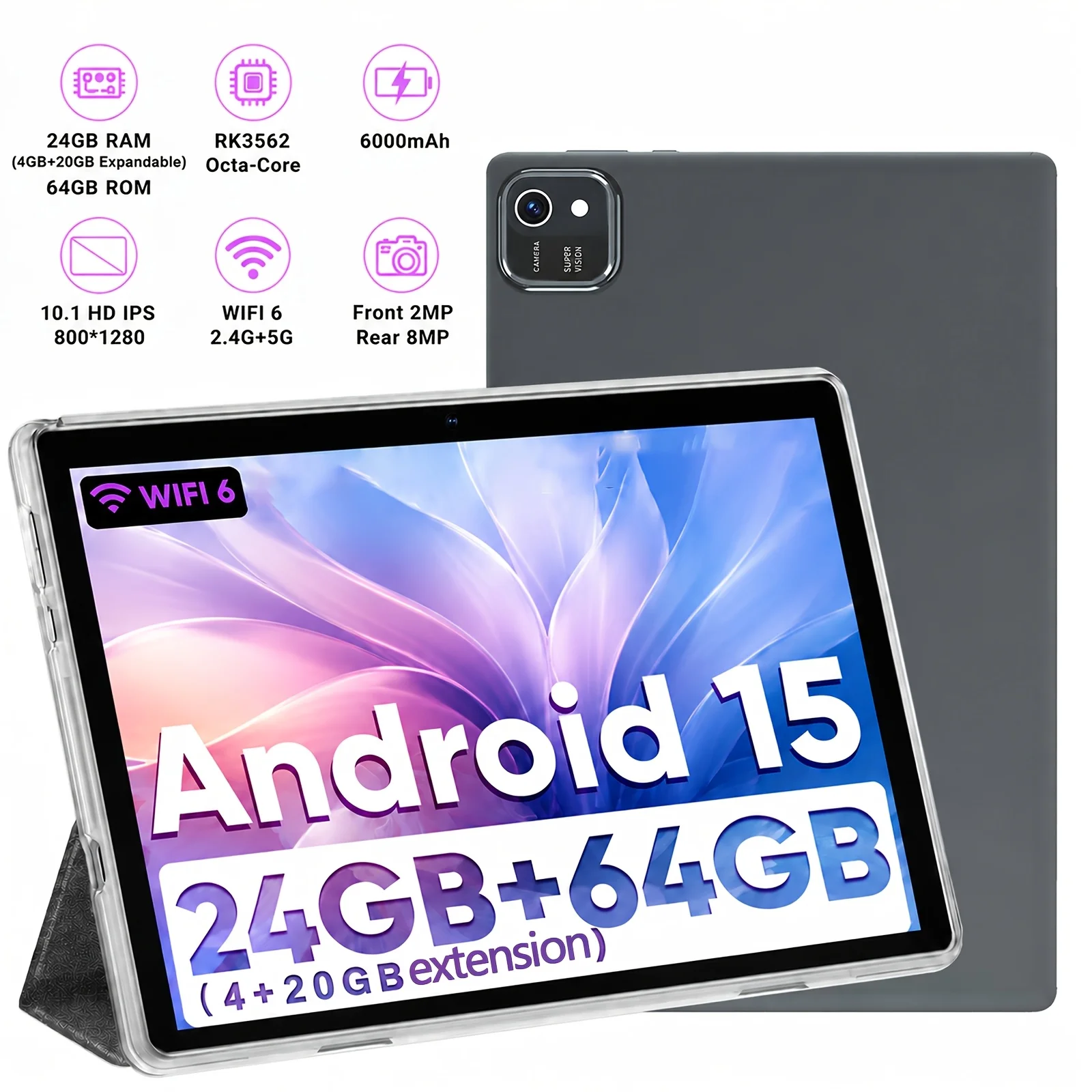 Tablette Android 15 2-en-1 de 10,1 pouces, 24 Go de RAM (4 Go + 20 Go extensible) + 64 Go de ROM, stockage extensible de 1 To, écran tactile IPS FHD, caméra arrière 8 MP 1