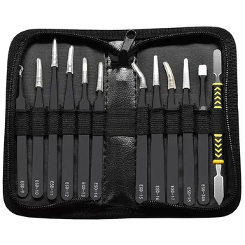 12Pcs/Set Precision Tweezers ESD Anti-static Stainless Steel Elbow Straight With Bag Repair Maintenance Tool Industrial Tweezers 1
