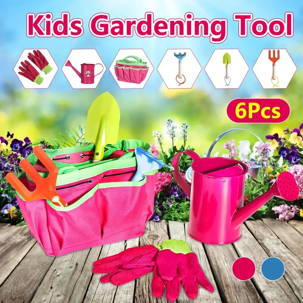 6Pcs Kids Gardening Tools Children Shovel Spade Fork Set Tote Bag Garden Yard