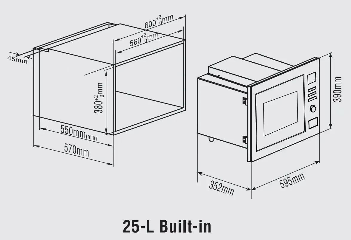 Full Stainless Steel 25L Built in Microwave Oven with Big Capacity Countertop 300*300*204 450*321*240 495*367*291 VAC25BS1A 11.5 6