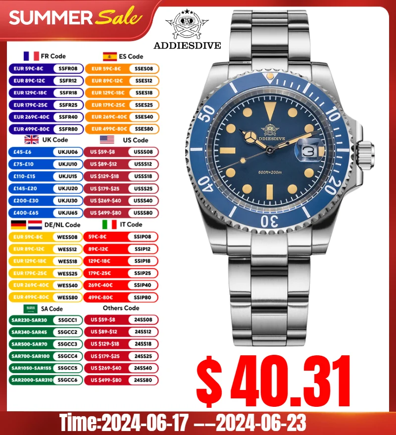 ADDIESDIVE Top Brands Men's Watch 20Bar Diving Reloj 316L Stainless Steel Ceramic Bezel Date Luminous Relogio Quartz Watches