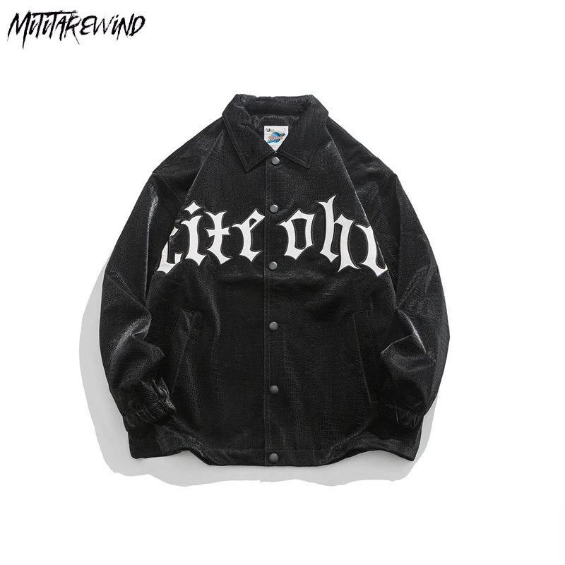 

Fashion Letter Print Pu Leather Jacket Men Long Sleeve Casual Loose Oversized Streetwear Turn Down Collar Korean Outwear Coats