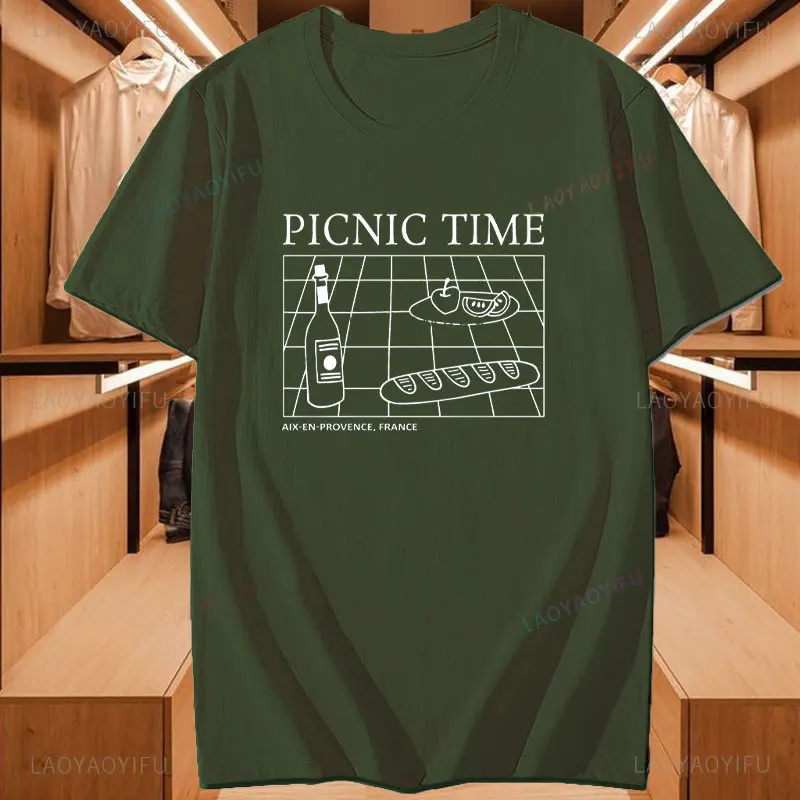 Футболка женская с принтом во время пикника, хлопок, Повседневная рубашка с принтом во французском стиле, для отдыха на открытом воздухе, лето