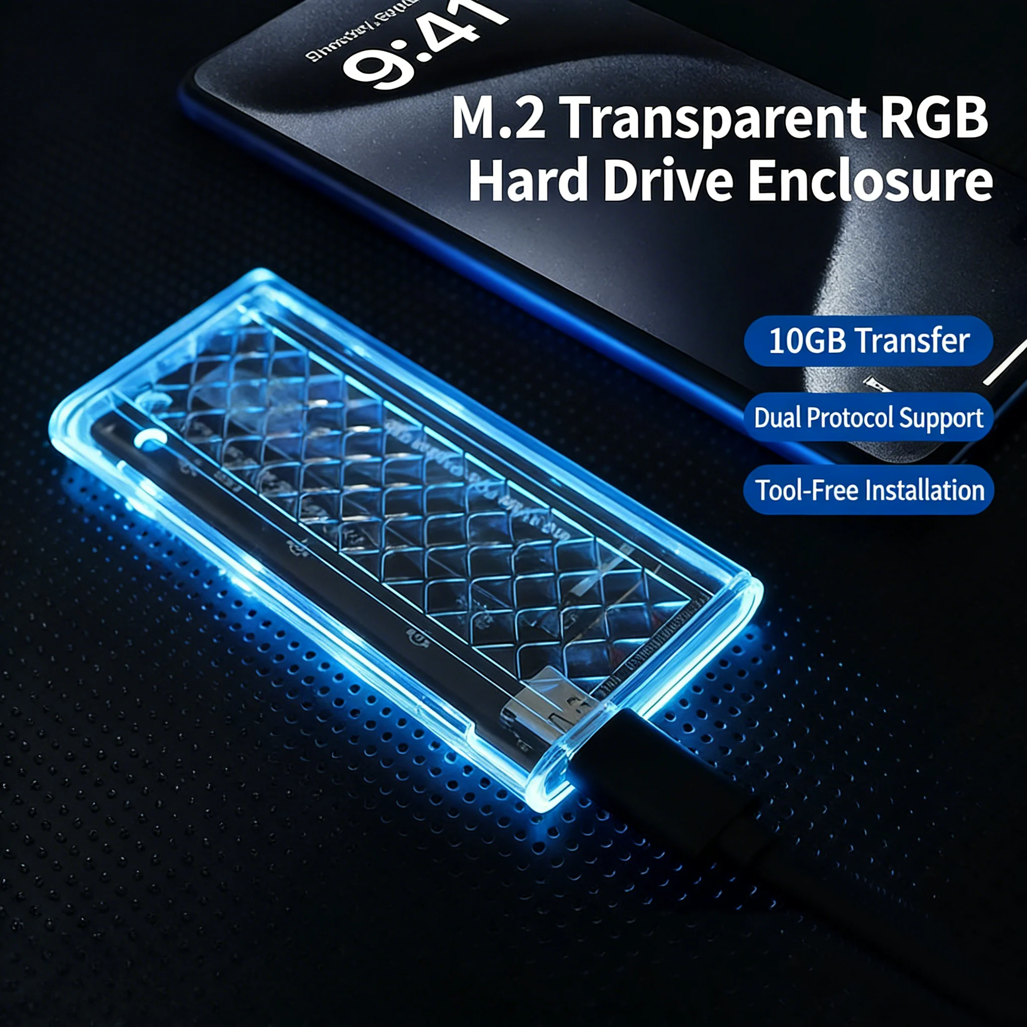 KEBIDU RGB M2 NVMe PCIE SSD 케이스 M.2 NGFF SATA SSD 인클로저 10Gbps M.2 to USB 투명 하드 드라이브 인클로저 (M 키, M&B 키 지원)