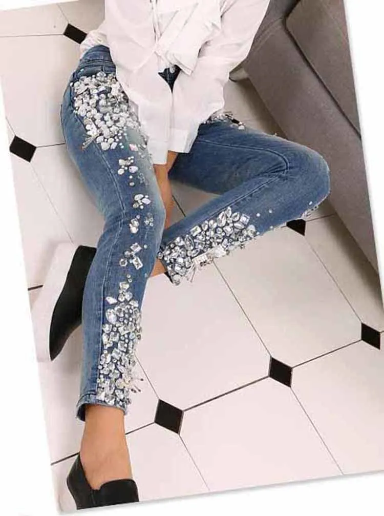 jeans spring autumn fashion Rhinestones Diamond skinny Women Denim Jeans Skinny Slim Stretch Pencil jeans women's clothing stores
