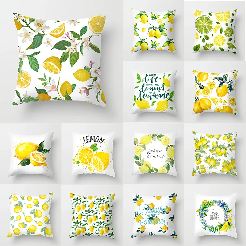 

Lemon pattern cushion cover yellow fruit leaf plant sofa pillowcase polyester pillow decoration