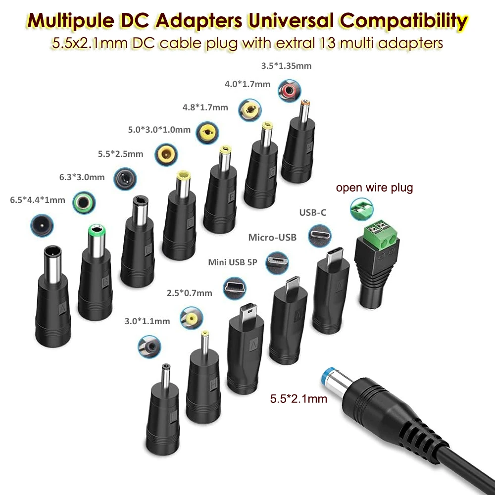 Universal USB Charging Cable with Versatile DC Plug Adapters, 1.5m/5ft