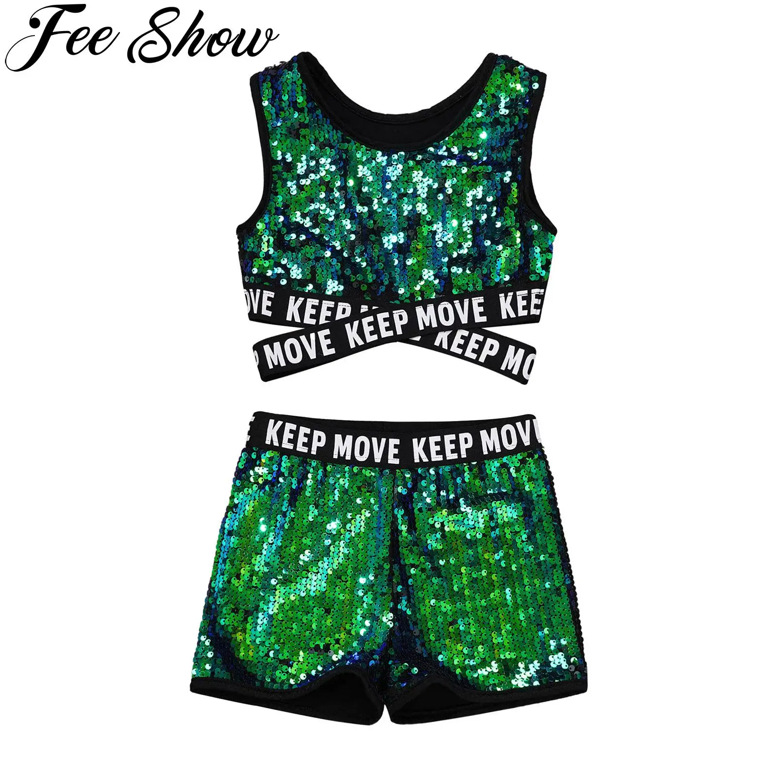

Комплект одежды для девочек с блестящими блестками, балетный джаз, танцевальный костюм в стиле хип-хоп, детский кроп-топ без рукавов и шорты для атлетики