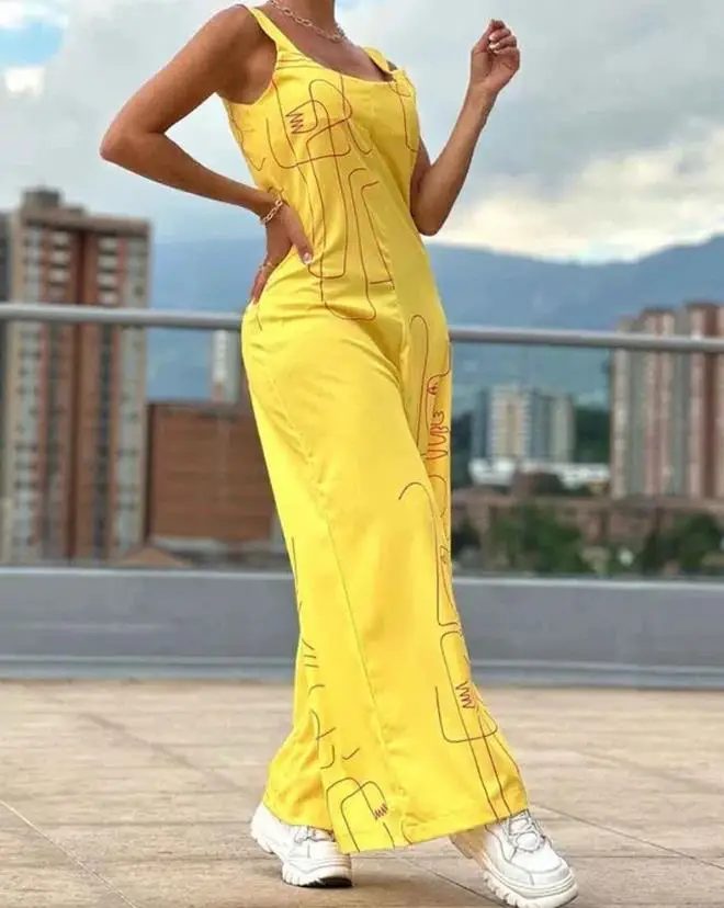 

Женский Длинный комбинезон на бретельках, элегантный комбинезон с широкими штанинами и принтом в виде фигуры, повседневный комбинезон для отпуска, лето 2023