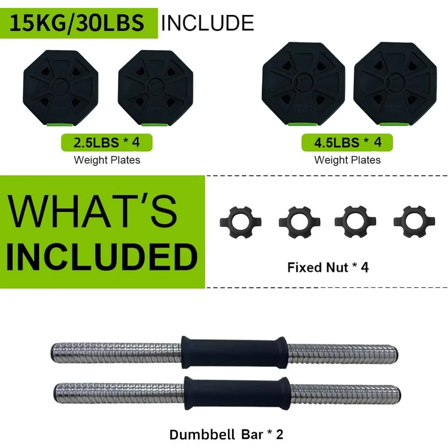Adjustable Dumbbell Set with Iron Handle, 30lbs Weight Set, Green and Black, Octagon Head