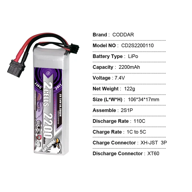 

CODDAR 2200MAH 2S 7.4V 110C aircraft model four axis fixed wing unmanned aerial vehicle model ship model LiPo battery