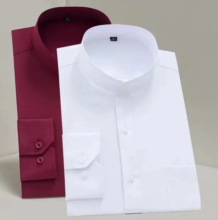 Men's new Zhongshan collar long-sleeved shirt China red and pure white work clothes professional shirt Korean shirt streetwear