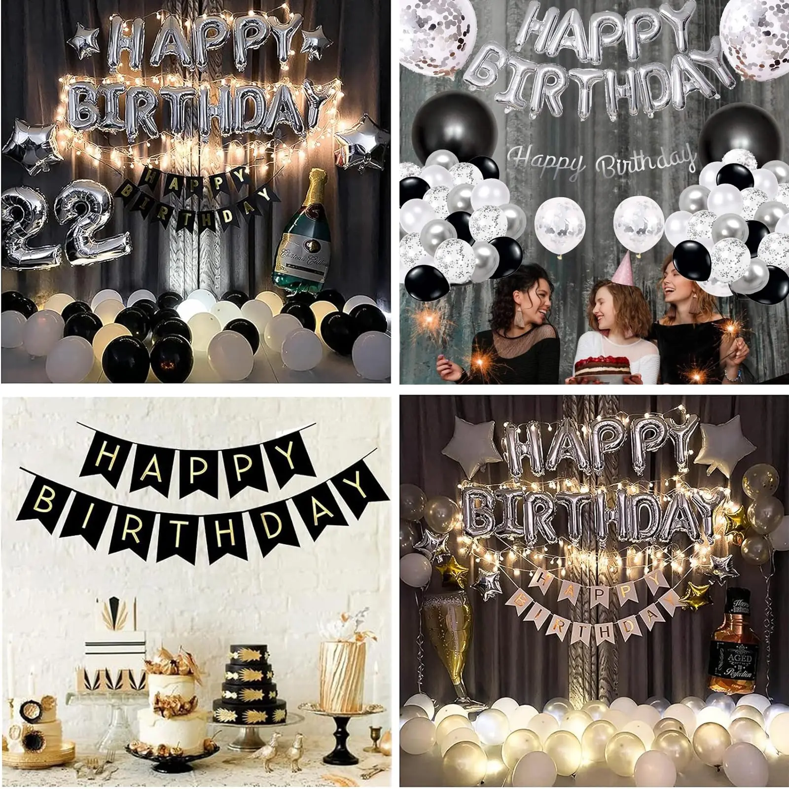 Happy Birthday Banner, Black and silver Party Decorations Happy Birthday Bunting Banners, 12 inch Happy Birthday Balloons Perfec