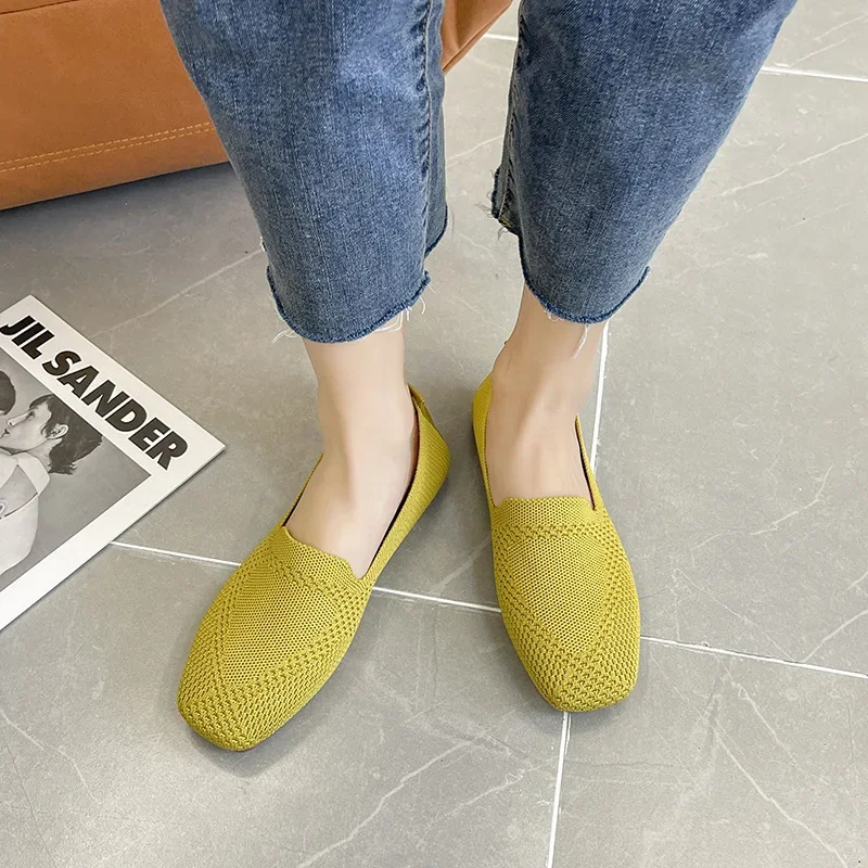 Spring and Autumn Flat Shoes Fashion Leisure Women's Flat Shoes Square Toe Knitting Elastic Comfortable Slip-on Boutique Shoes 3