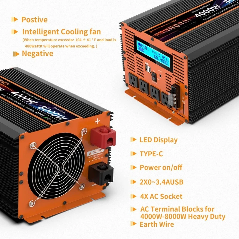 4000 Watt Pure Sine Wave Power Inverter 24V DC to 110V 120V Converter for Family RV Off Grid Solar System Car with Type-C Ports 6
