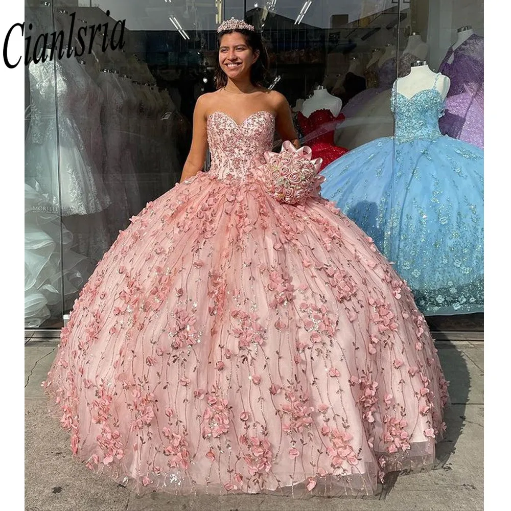 

Shining Crystal Quinceanera Dress Sweetheart Beaded 3D Flower Princess Sparkly Dresses vestidos de 15 años Elegant Ball Gowns