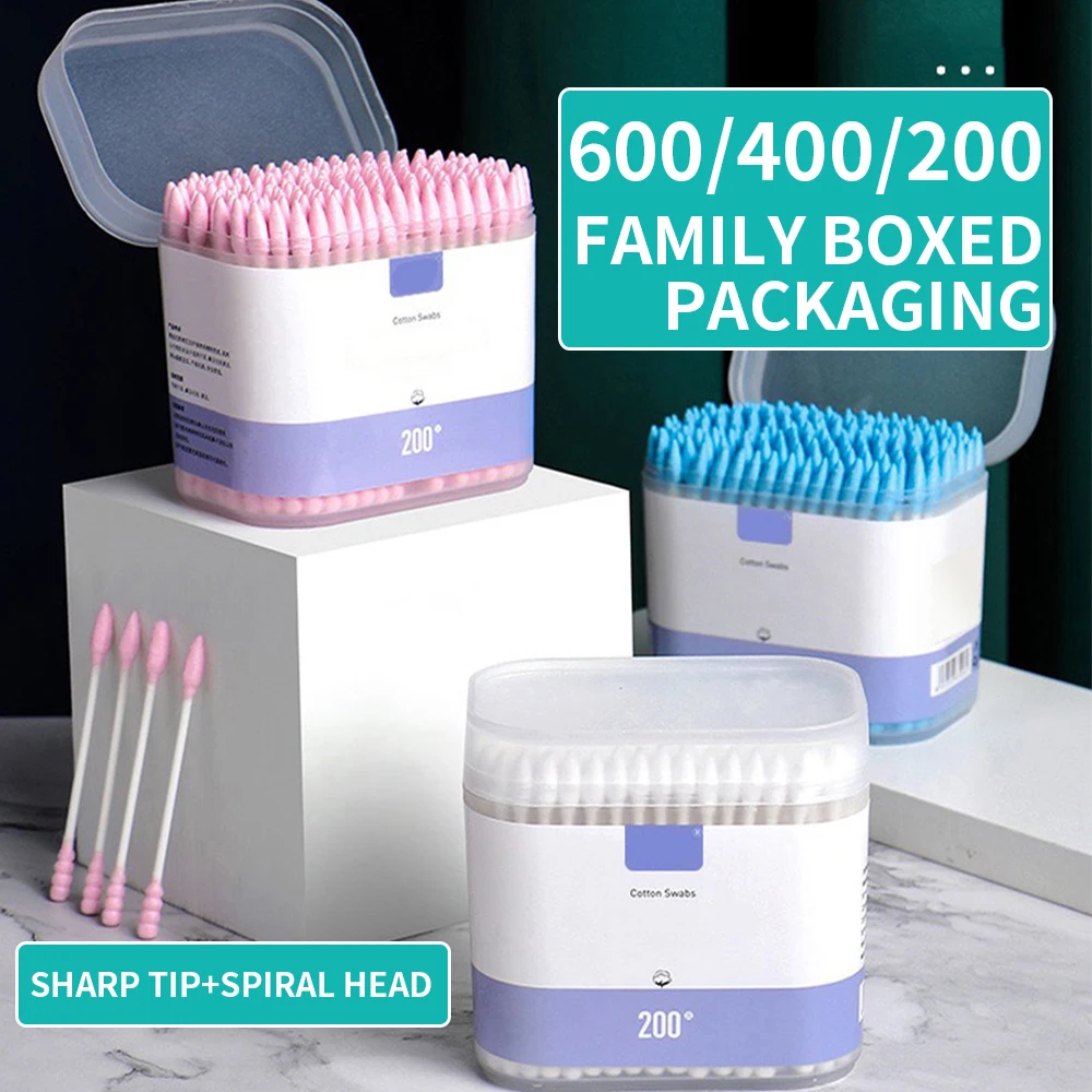 Double Ended Cotton Pads Pointed Wooden Swab Makeup Remover Box Ear Cleaning Disposable Cotton Swabs 600/400/200PCS