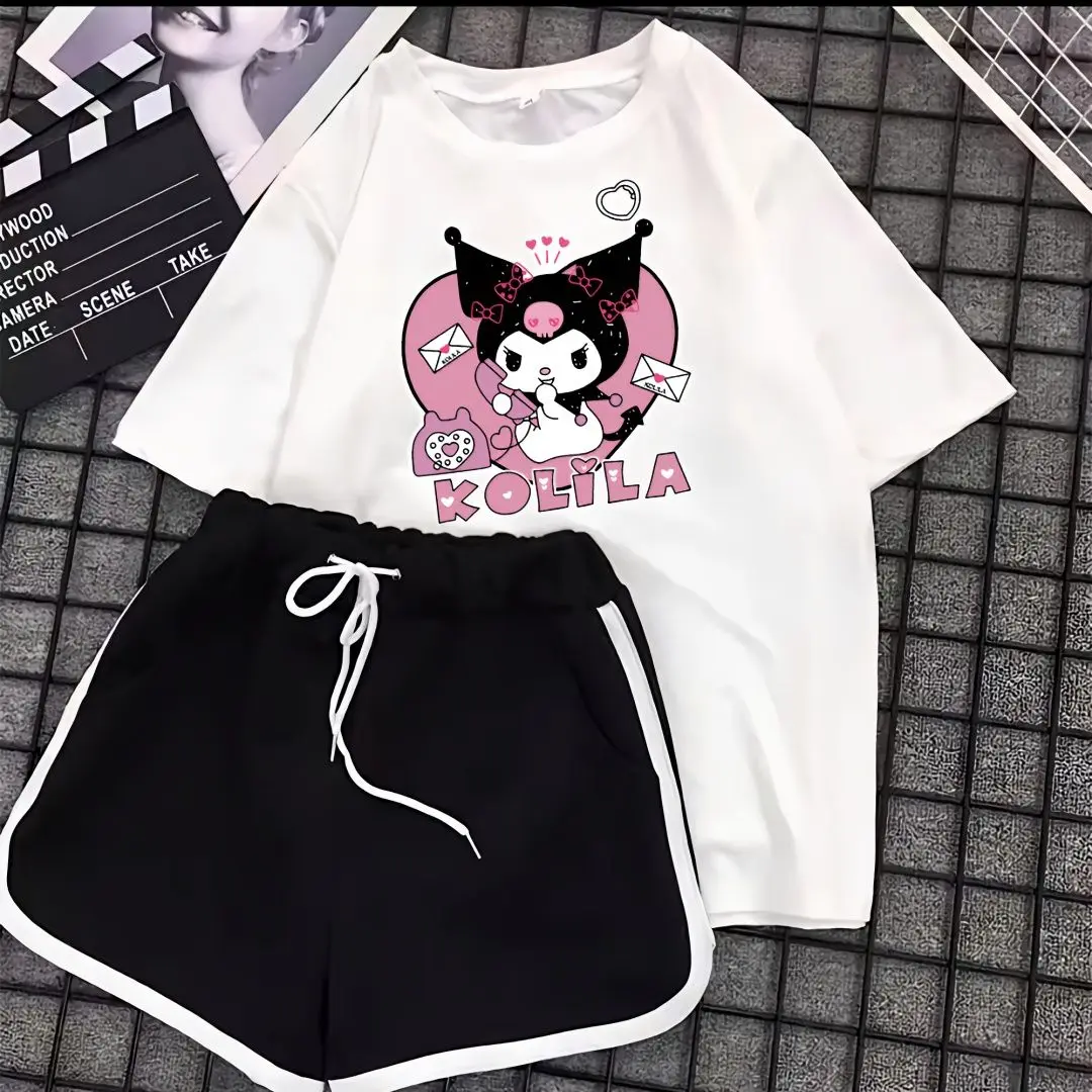 

Kawaii Sanrio Anime Kuromi Children's Short Sleeve Shorts Set Summer Girls Cartoons Casual Cotton T Shirt Sports Shorts Kid Gift