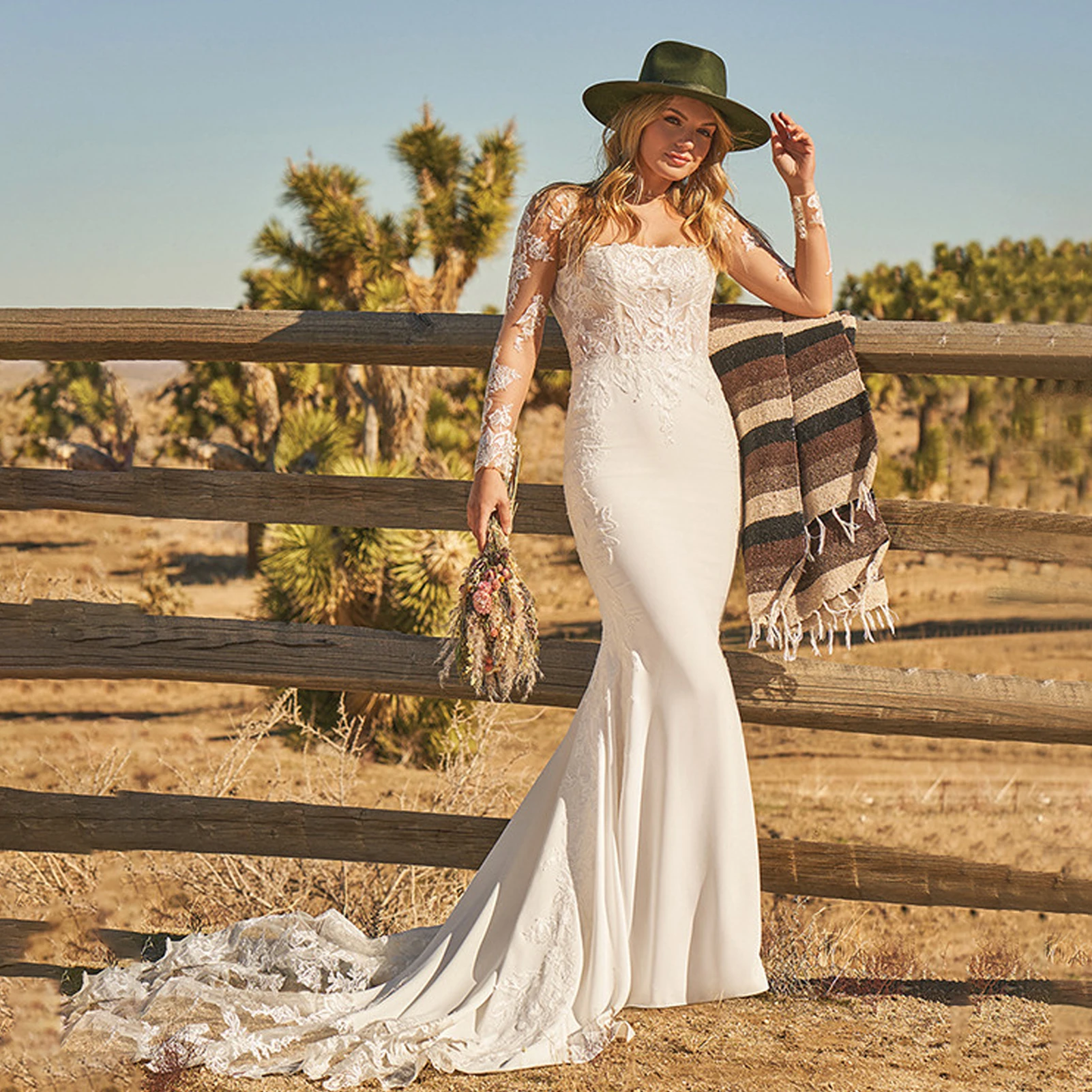 

Sexy Square Collar Mermaid Wedding Dresses Fashion Long Sleeve Appliques Train Bridal Gown Backless Button Vestido De Noiva