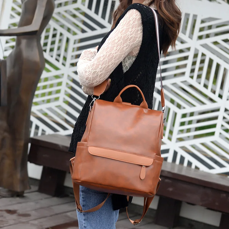 2024 New Anti-theft Backpack Female Korean Version of Solid Color Fashion PU Leather Retro Schoolbag Travel Bag Wholesale