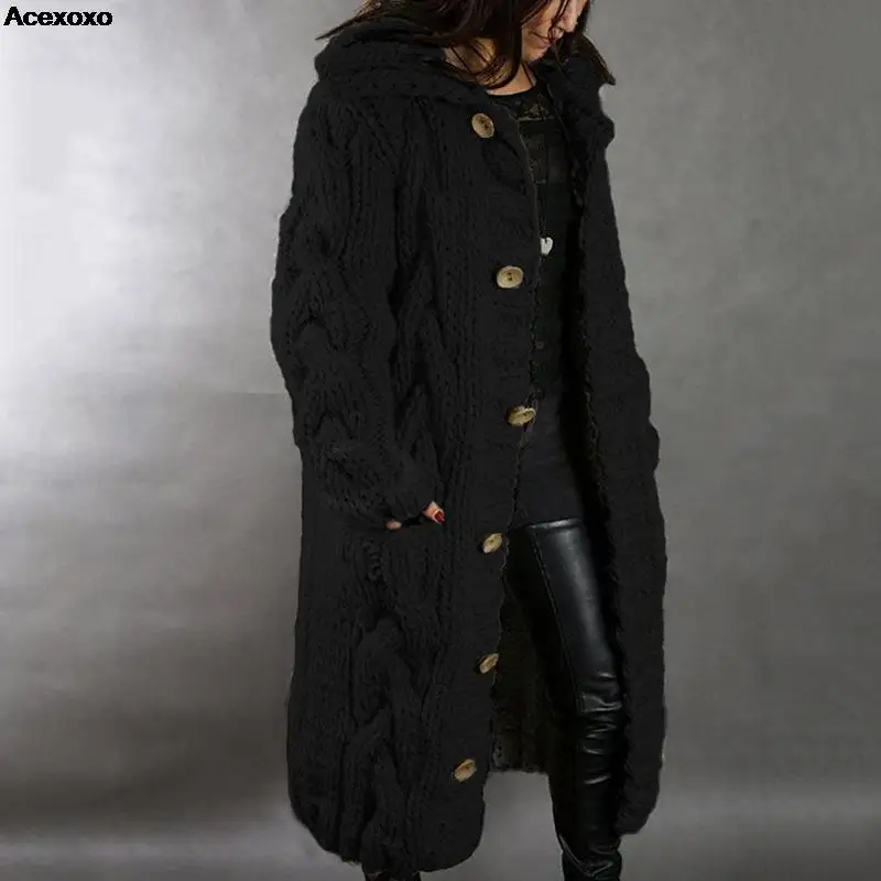 

Winter new women's fashion casual extended sweater knitted cardigan breasted hooded coat
