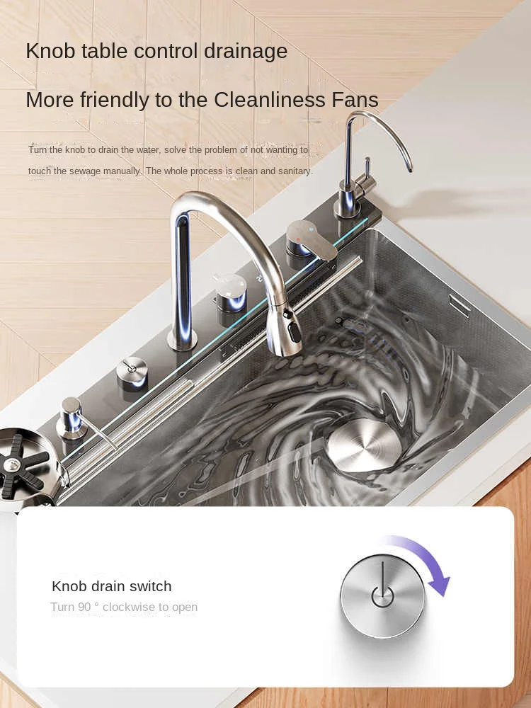 Kitchen Sink Stainless Steel Digital Display Wash Basin With Waterfall Faucet Embossed Large Single Slot Farmhouse 5.0MM