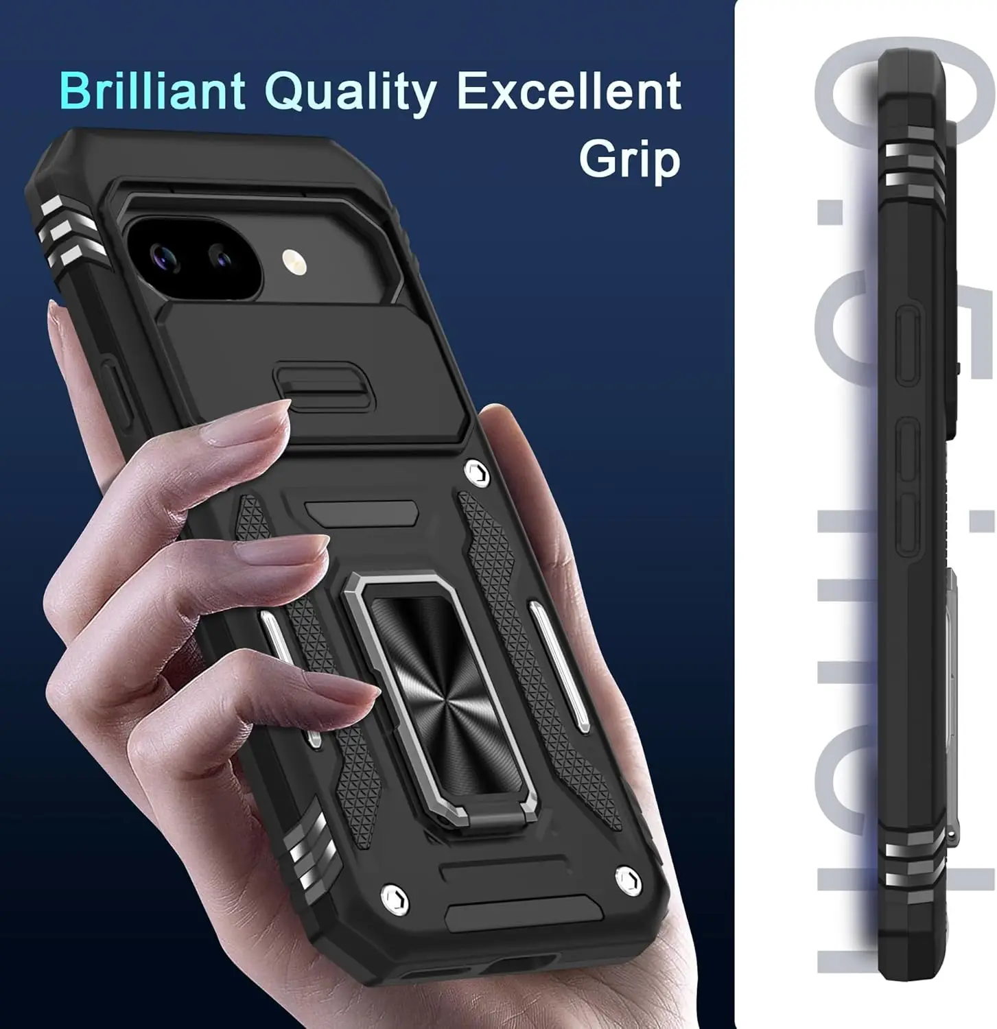 Rugged Military Grade Shockproof Kickstand Case with Slide Lens Protector