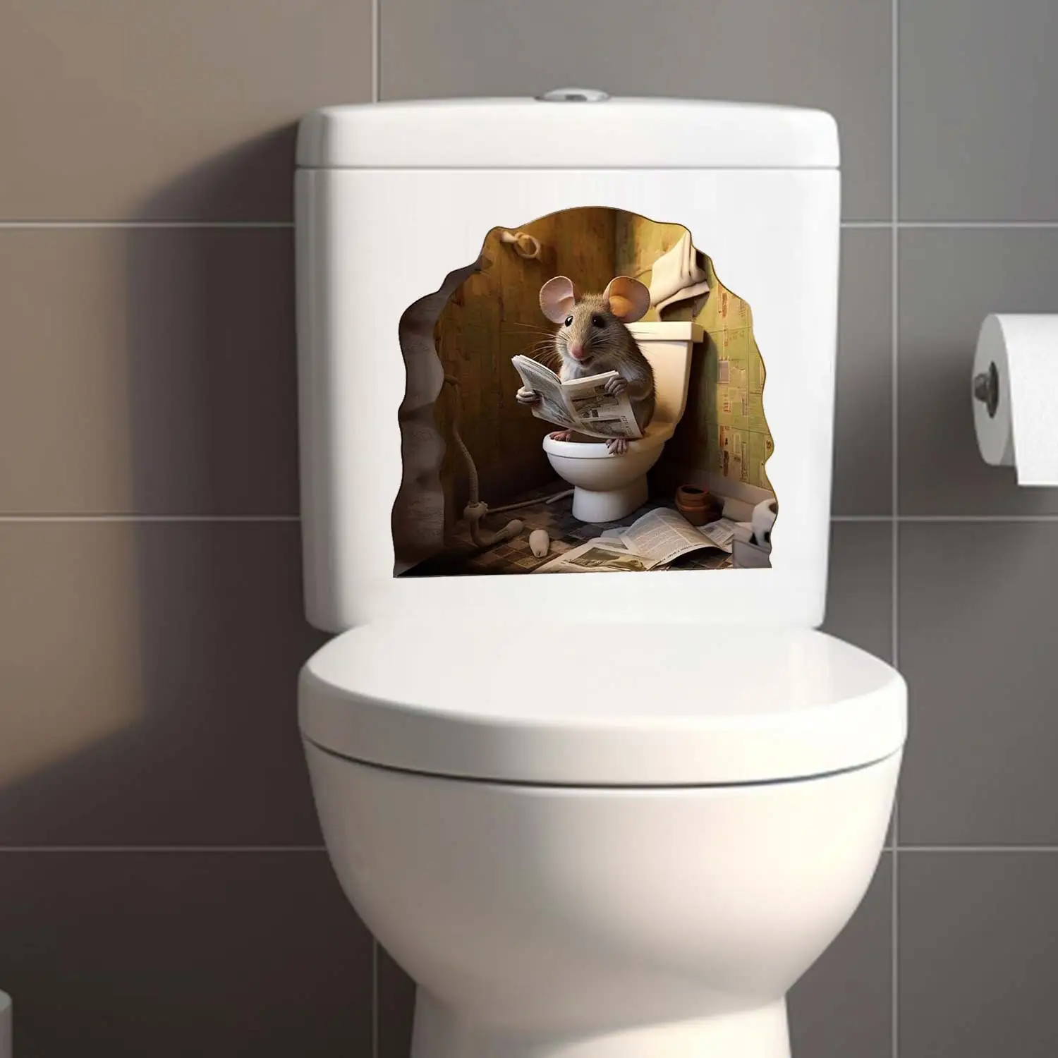Wall Stickers Toilet Stickers Funny Bathroom Mouse Reading Book Cracked Wall Sticker Baseboard Sticker Decal
