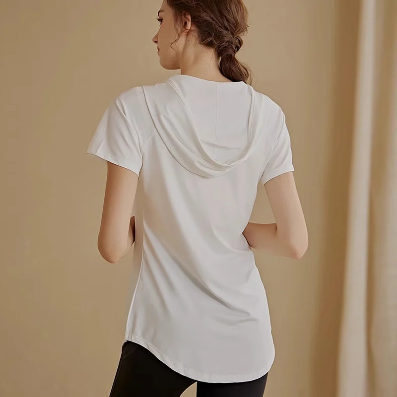 Sports T Shirt Short Sleeve Yoga Shirts Women's Drawstring Workout V-neck Sports Tops Fitness Hooded Tops Gym Training Shirts Female Sportswear