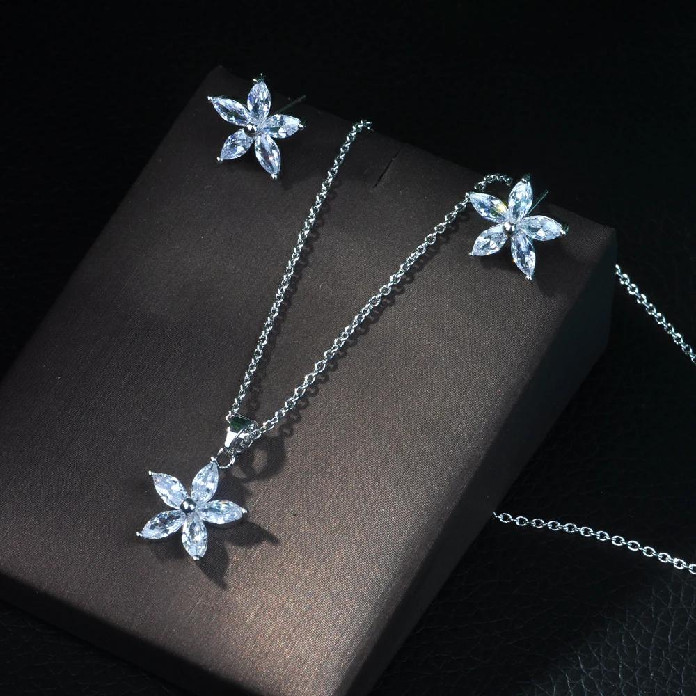 

Fashion Luxury Boom Women Engagement Cubic Zirconia Necklace Earring Dubai Jewelry Set Jewellery Addiction N-273