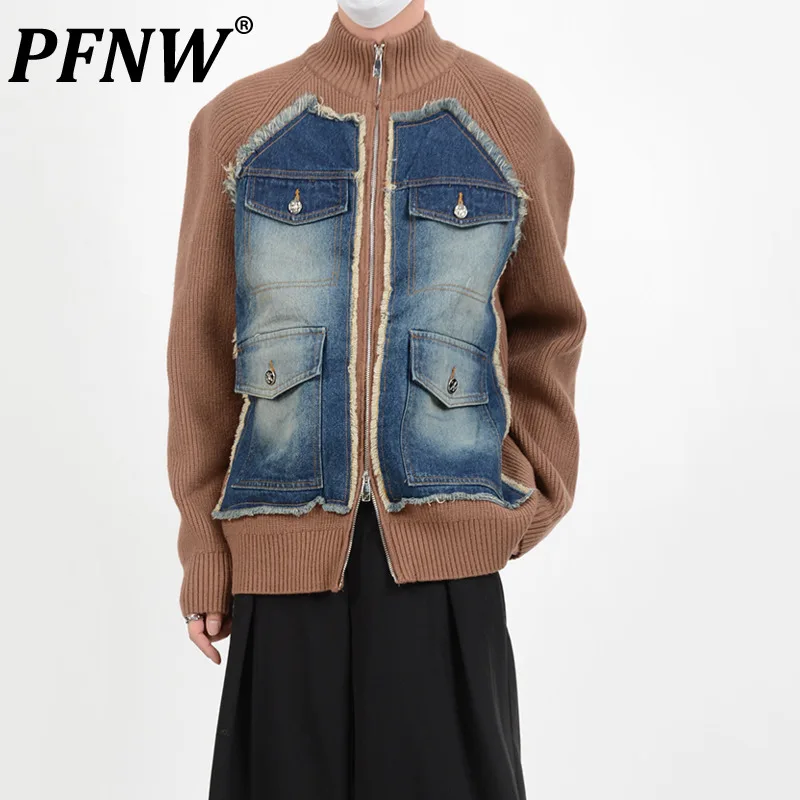 

Нишевой кардиган для разборки PFNW, свитер для мужчин, джинсовый лоскутный вязаный свитер на молнии, Женский ленивый уличный стиль 12Z6419
