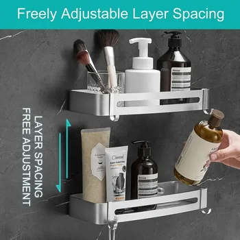 2 Piece No Drill Wall Mounted Bathroom Corner Shelf Stainless Steel Rack with 4 Hooks for Shower and Shampoo 2