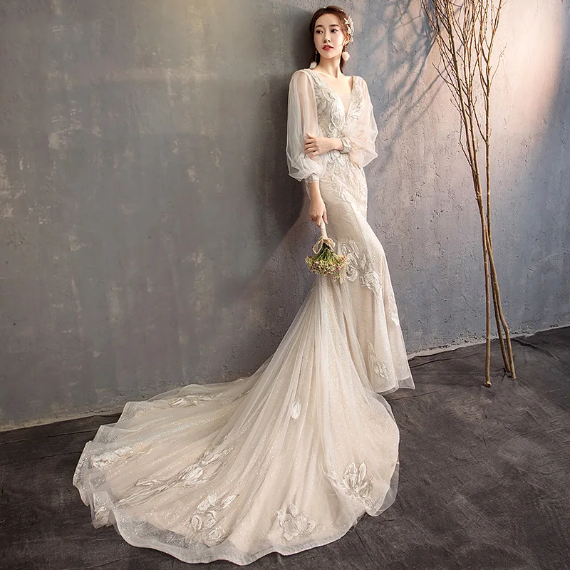 

Роскошные свадебные платья-русалки с V-образным вырезом из тюля с длинными рукавами-фонариками Элегантное свадебное платье со шнуровкой сзади нежное платье для невесты SWD411