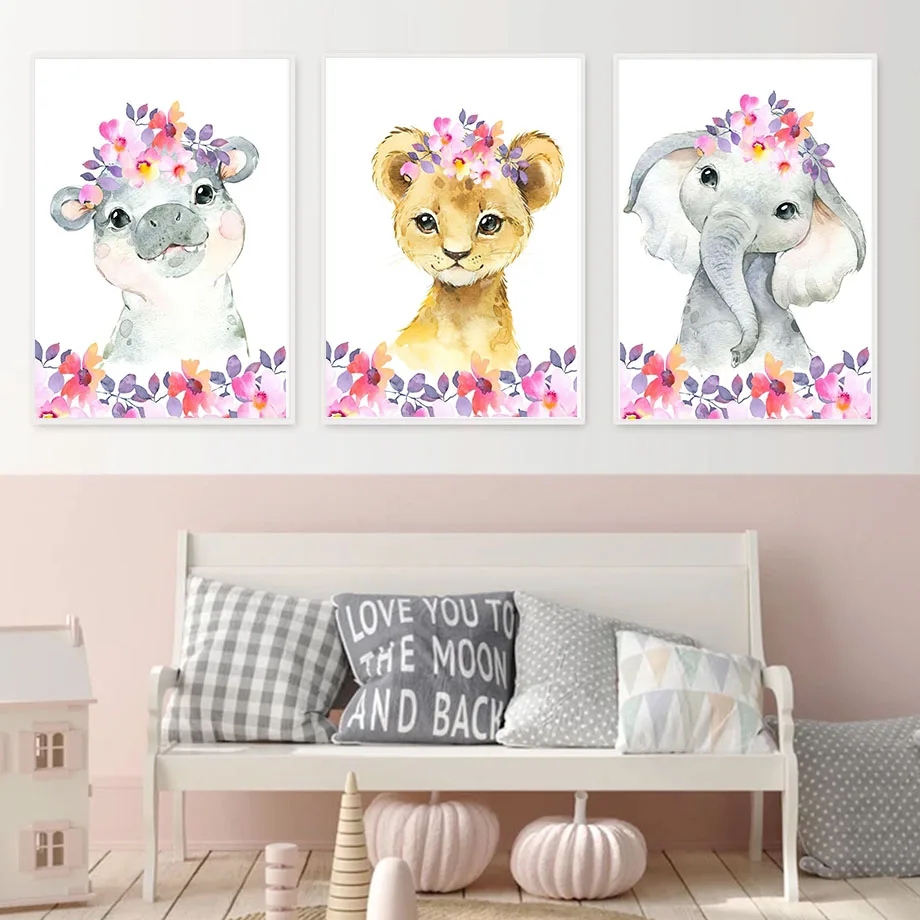 

Canvas Painting Wall Pictures Giraffe Lion Elephant Zebra Hippo Cartoon Nordic Posters And Prints Wall Art Baby Kids Room Decor