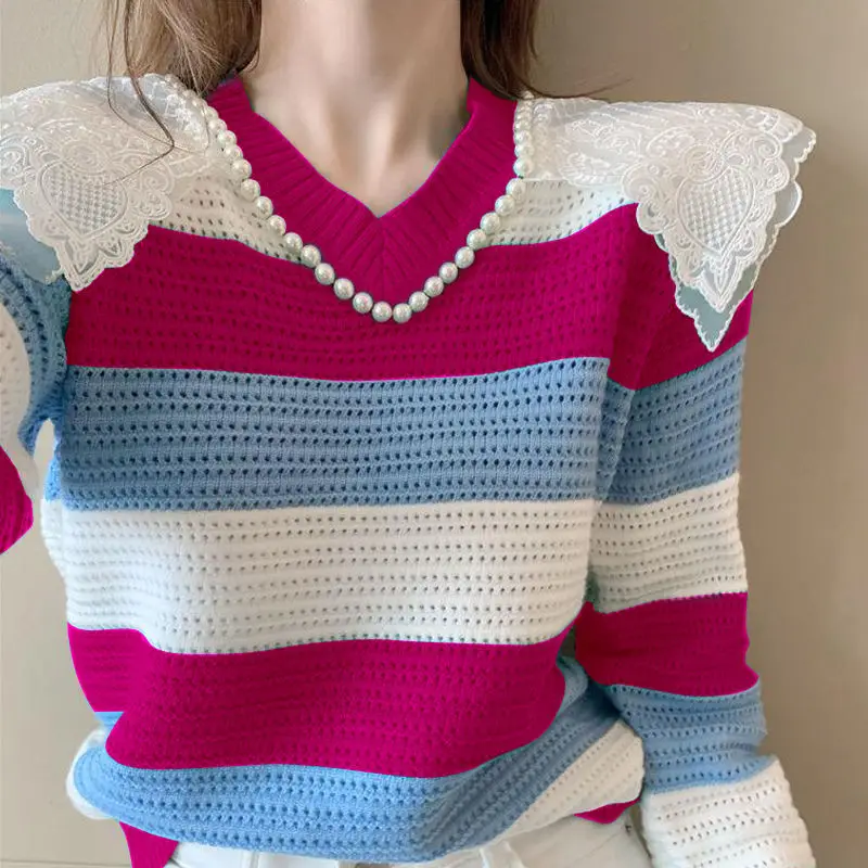 

Fashion V-Neck Spliced Knitted Lace Beading Striped Sweater Women's Clothing 2022 Autumn New Loose Casual Pullovers Korean Tops