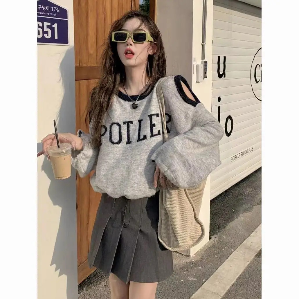 Hollow Out Sweatshirts Women Letter Gray Loose Off Shoulder Simple Casual Korean Fashion Style All-match Crop Autumn Y2k Clothes
