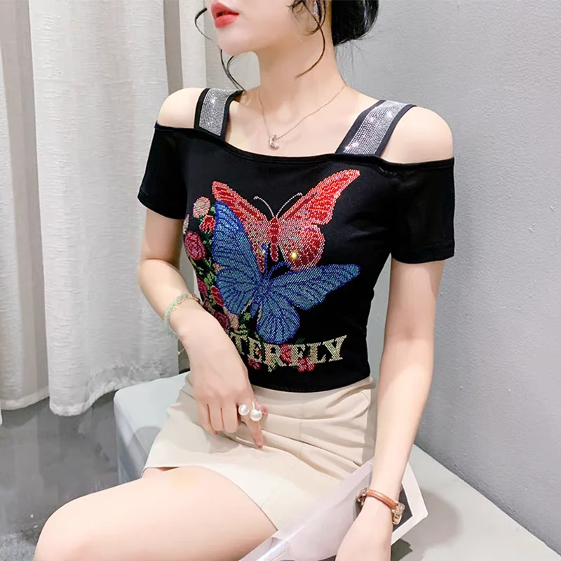 Luxurious Shiny Heart Diamond Off-Shoulder Mesh Tee - Summer Streetwear Elegance