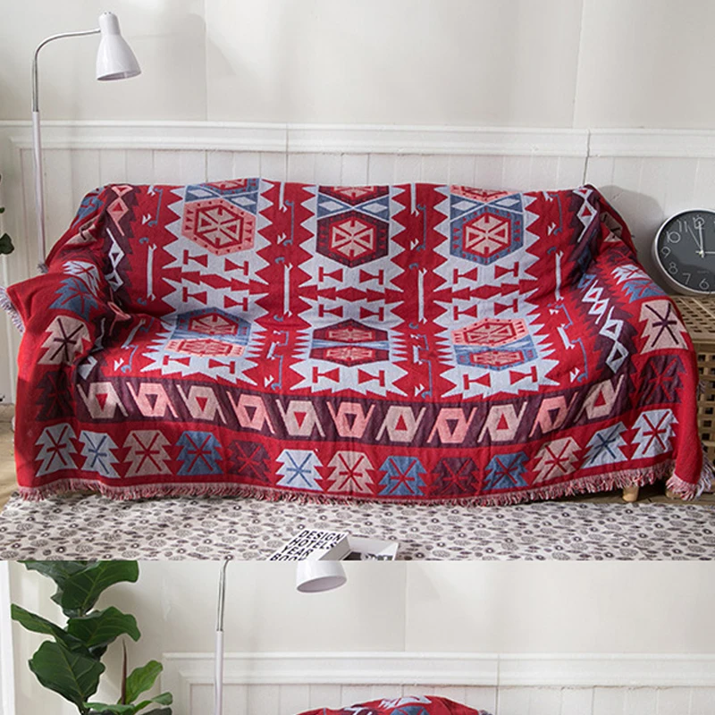 Ethnic Tassel Polyester chemical fiber Blanket, Anti Slip Thickened Carpet Sofa Cover Lunch Break Photography Props Pastoral 1Pc